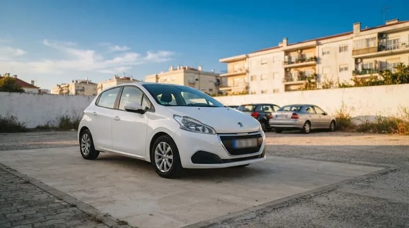 Um utilitário semi-novo e limpo estacionado no pátio de um pequeno stand ao fim da tarde