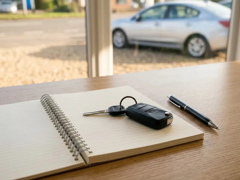 Chaves de carro e um bloco de notas numa secretária de stand